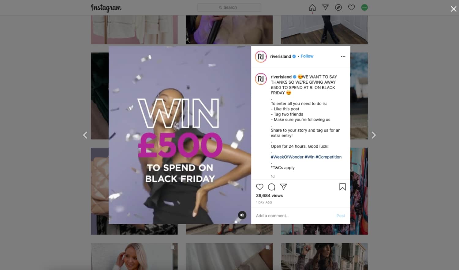 River Island's Black Friday experience on Instagram 