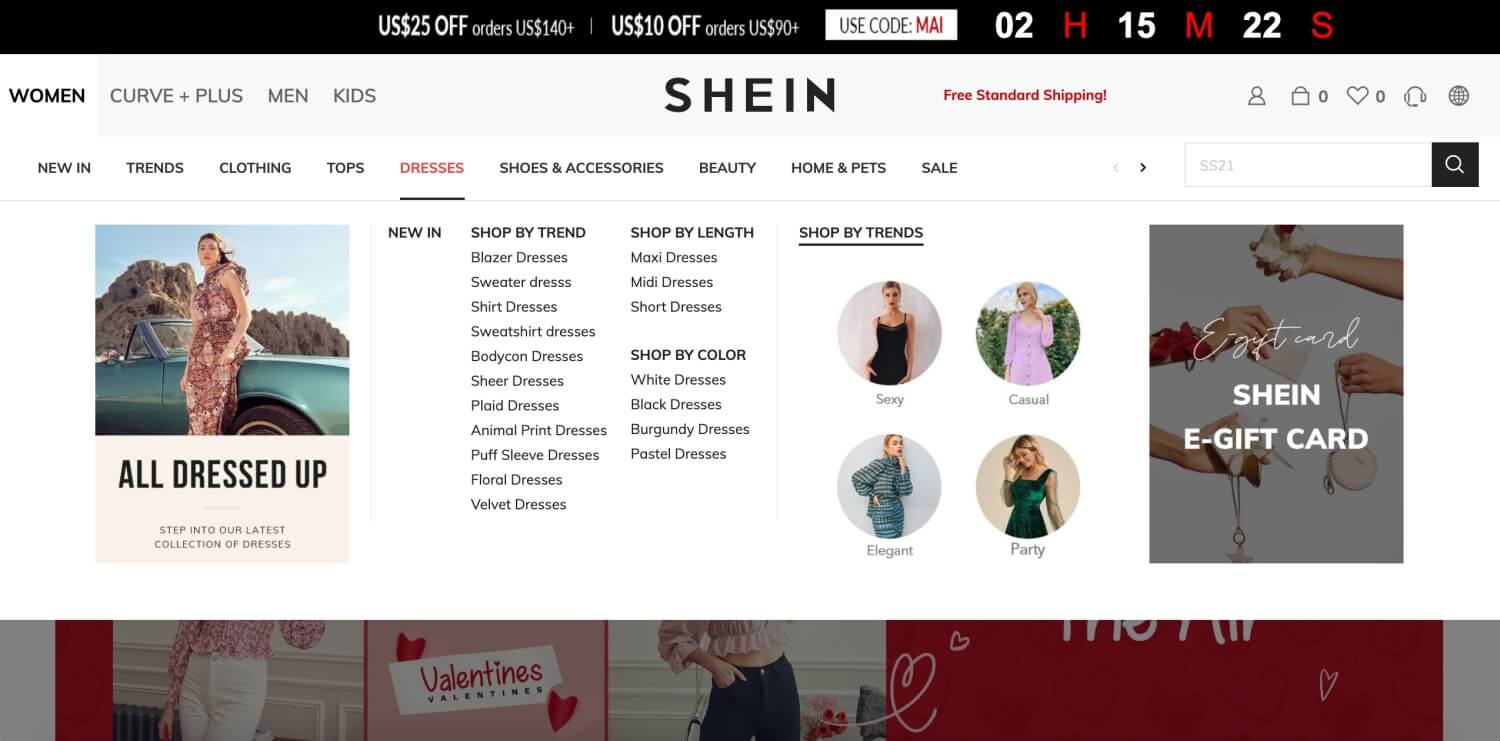 Shein on-site navigation 