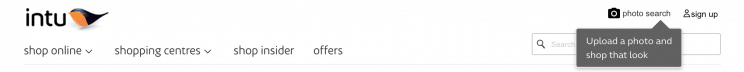 Intu uses a clean white background and a tooltip on the top of their homepage to direct users to a photo search.