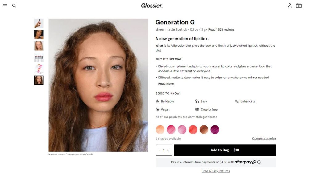 beauty industry product detail page (Glossier)