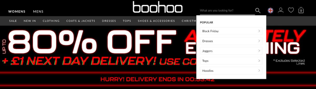 ecommerce site search boohoo