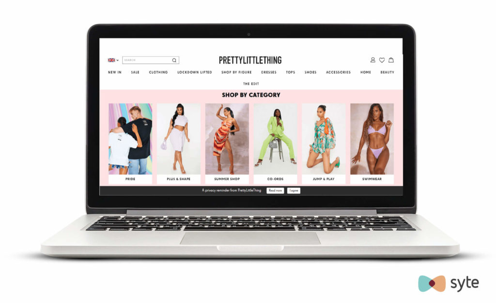 PrettyLittleThing's homepage with product categories displayed. 