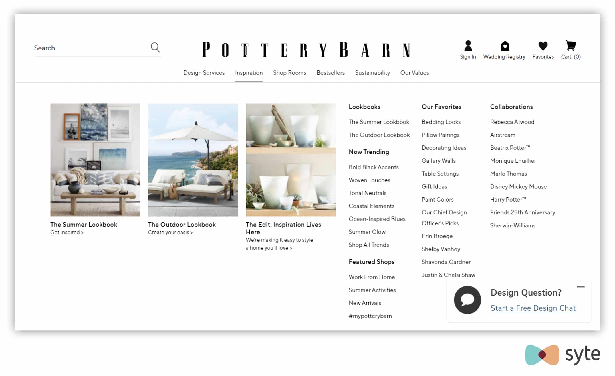 A screenshot of Pottery Barn's visual navigation