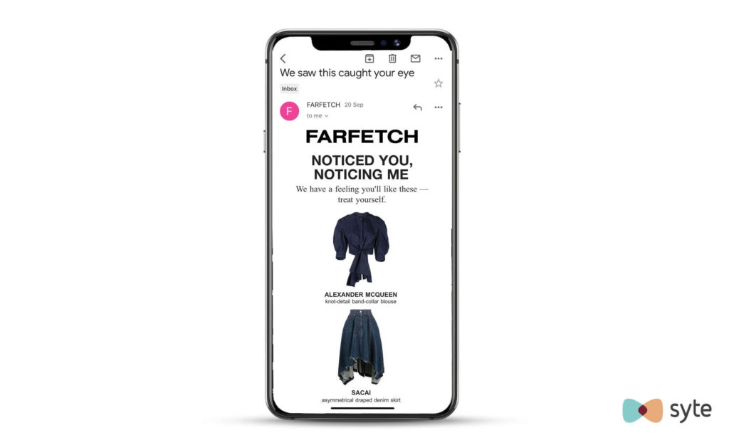 Farfetch email reminds shoppers to purchase wishlist items by putting them together as complete outfits.