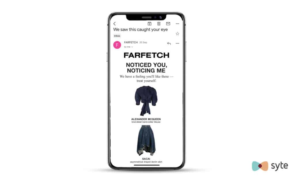 Farfetch email reminds shoppers to purchase wishlist items by putting them together as complete outfits.