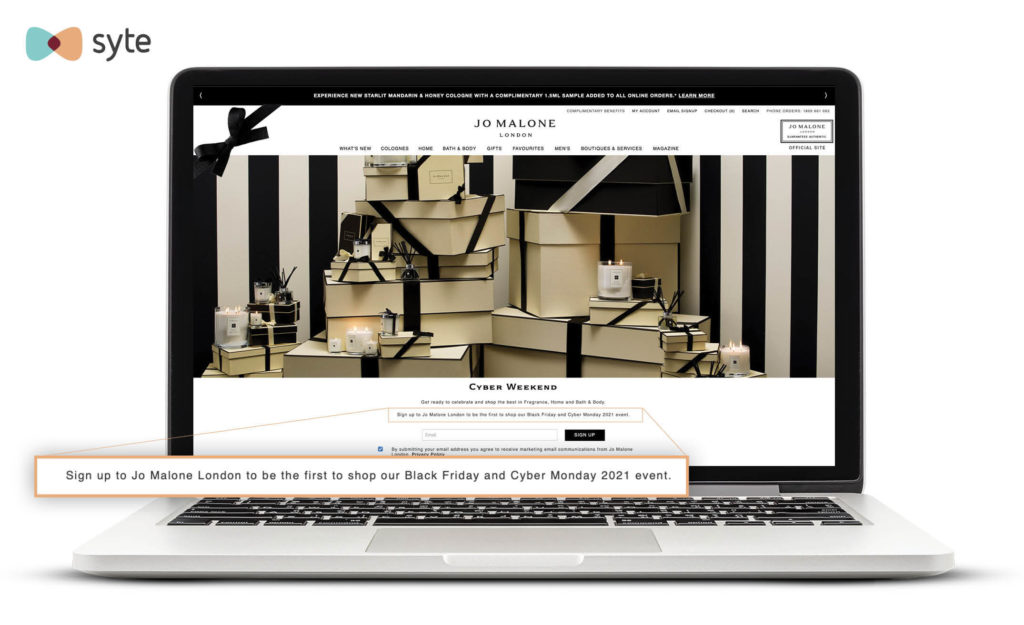 Jo Malone prompts shoppers to sign up for their email list to gain special access to BFCM 2021 sales.