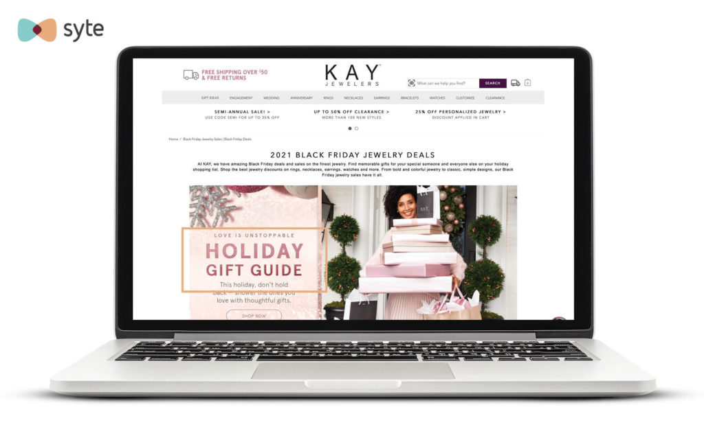 Kay Jewelers’ Black Friday landing page highlights their shareable holiday gift guide.