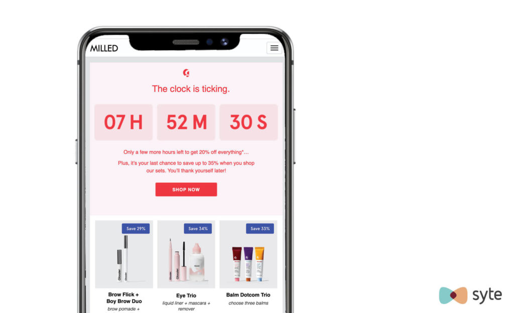 Glossier email countdown displays the hours, minutes and seconds left before their sale ends.