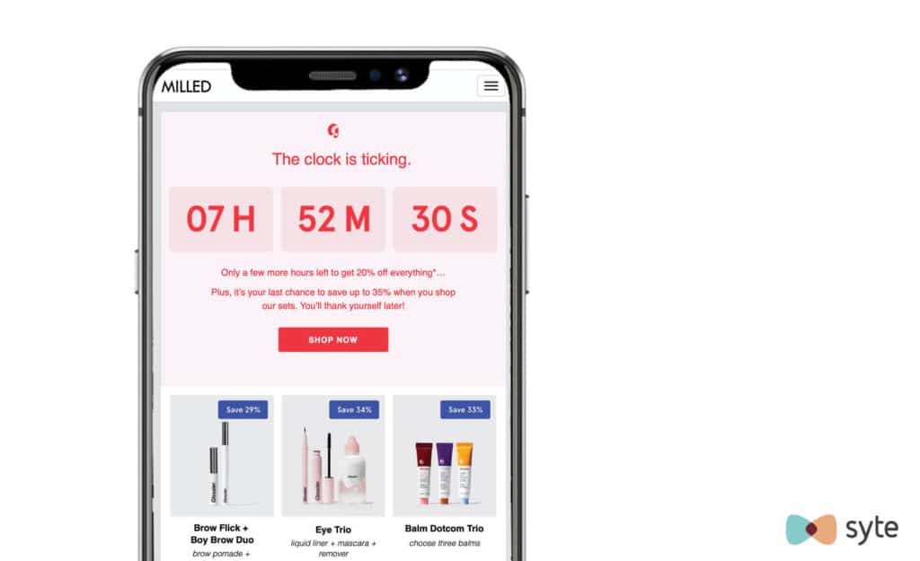 Glossier email countdown displays the hours, minutes and seconds left before their sale ends.