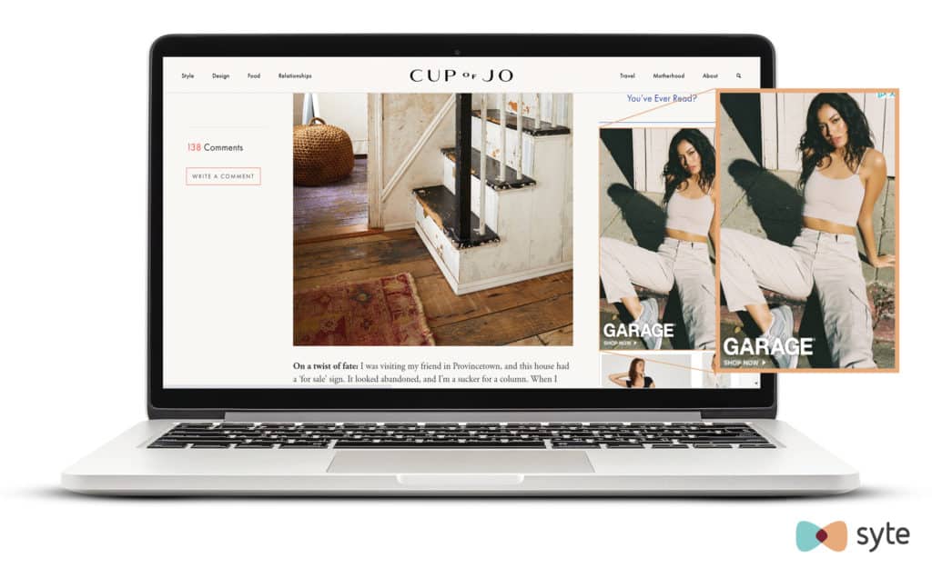 A dynamic ad for Garage clothing appears on a Cup of Jo blog.