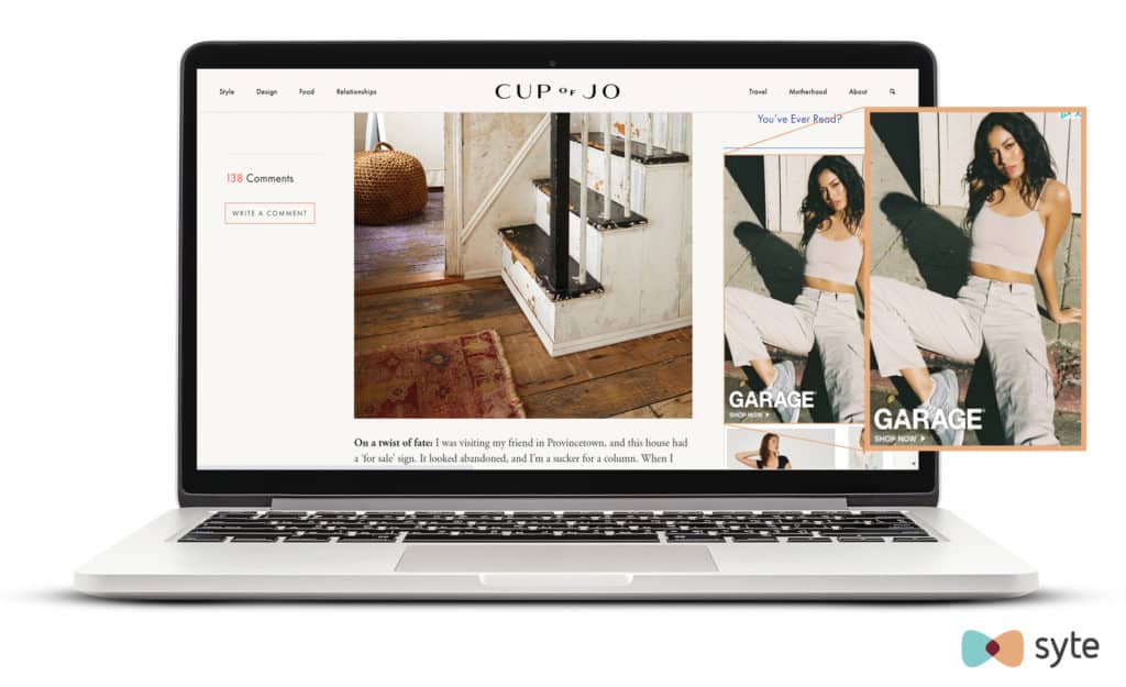A dynamic ad for Garage clothing appears on a Cup of Jo blog. 
