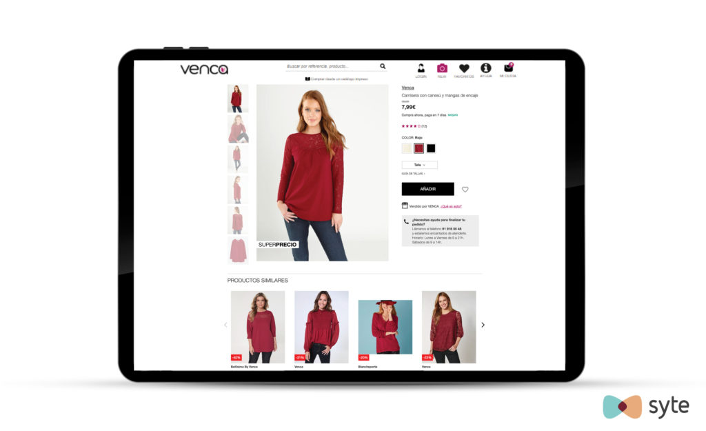When a shopper views a sale item on Venca, smart merchandising rules prioritize recommendations for other similar looking sale items in the same price range.