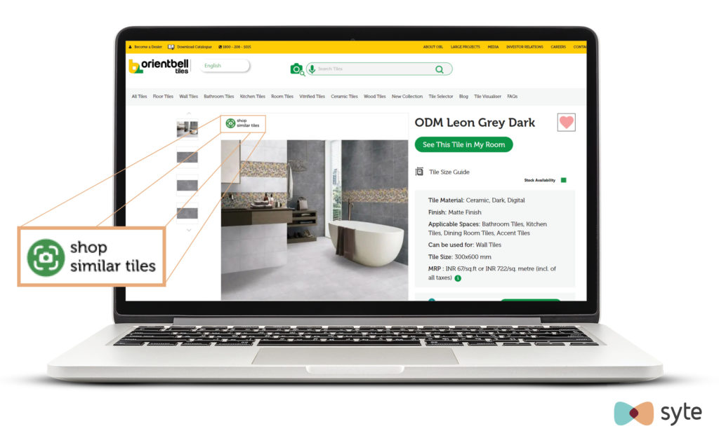 Orientbell Tiles has an icon on top of each product photo that lets shoppers see recommendations for other tiles based on similarity to the photo being viewed as well as previous customer behavior.
