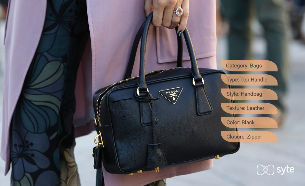 Photo of woman carrying Prada handbag with enriched product tags that demonstrate how augmented search technology can accurately decipher shoppers’ context and intent.