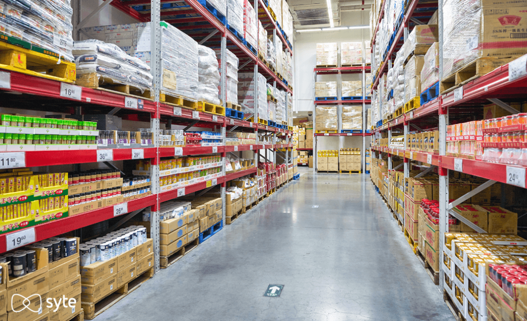 Food and other products stored in a large warehouse.