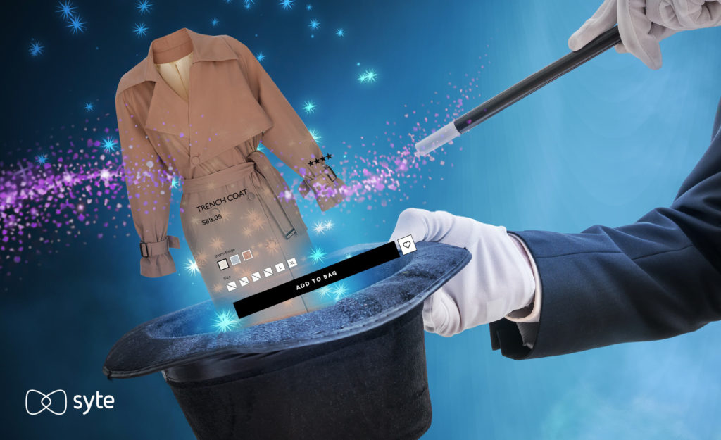 A PDP of a trenchcoat appears within a magician's hat, symbolizing the magic of product discovery.  