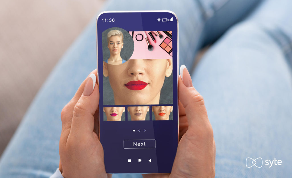 Woman using eCommerce AI tool to see virtually try on different shades of lipstick on her phone. 