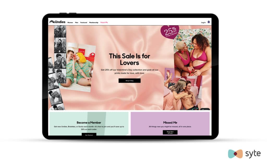 Screenshot of MeUndies website promotion for Valentine's Day