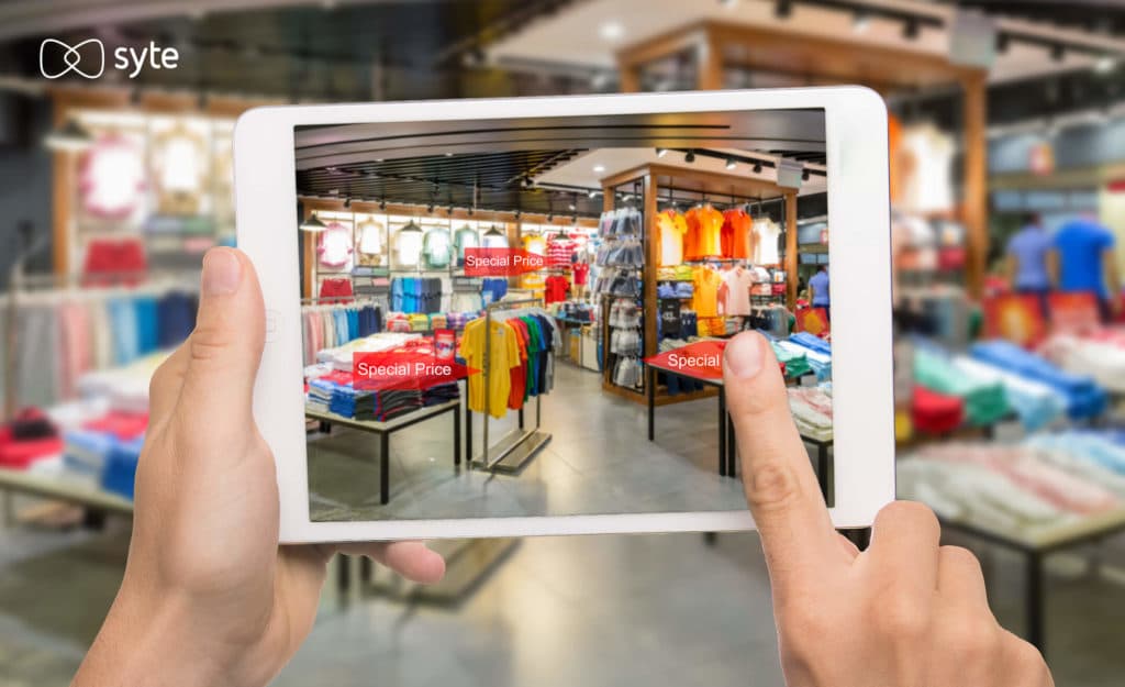 A tablet showing an AR physical retail experience. 