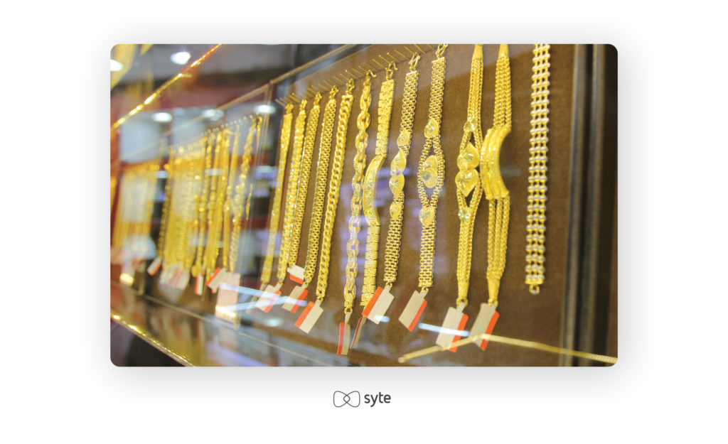 Gold jewelry on display.