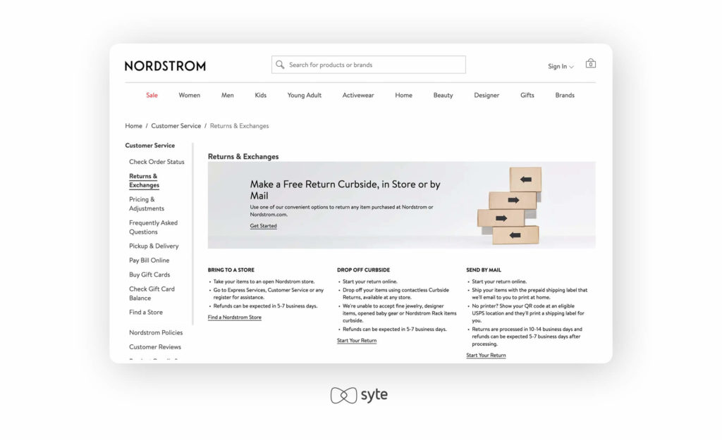 Screenshot of Nordstrom’s return policy page