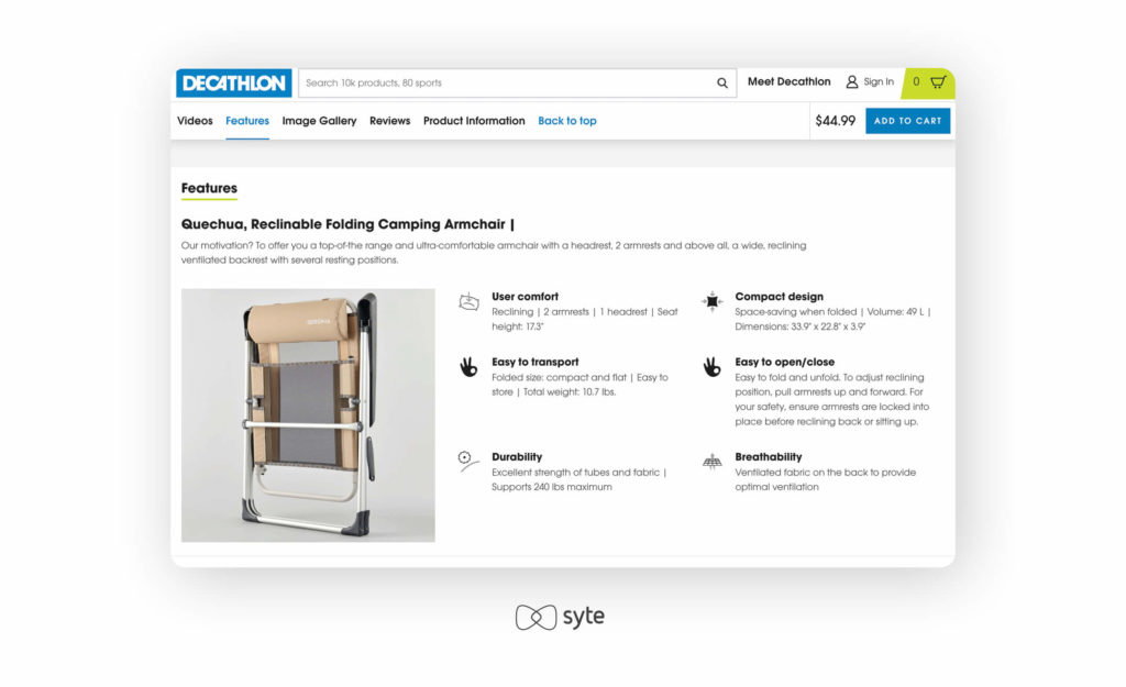 Screenshot of a chair on Decathlon’s PDP