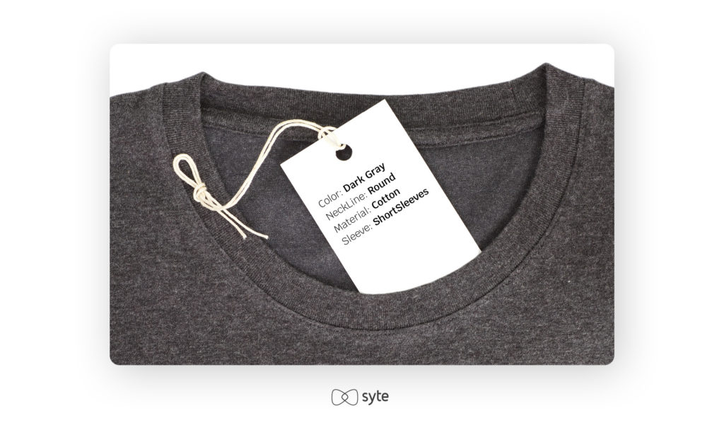 Grey t-shirt with product tags listed on the actual tag