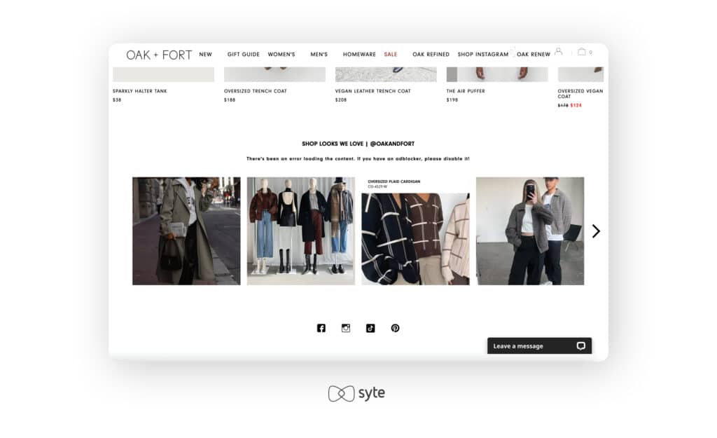 Oak + Fort's website carousel with user-generated content from social media