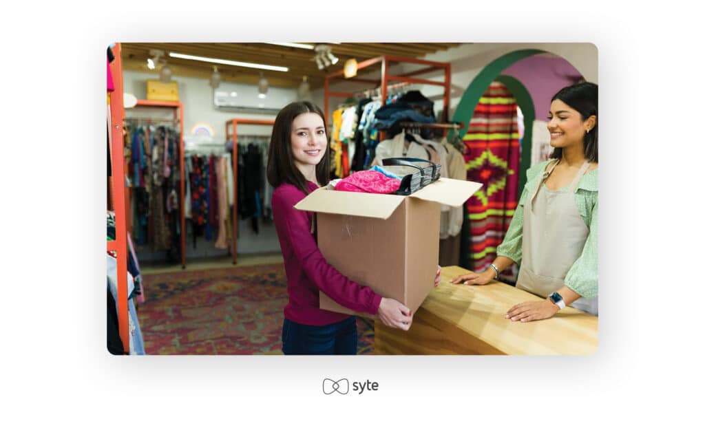 young woman selling her used clothing in a second-hand shop