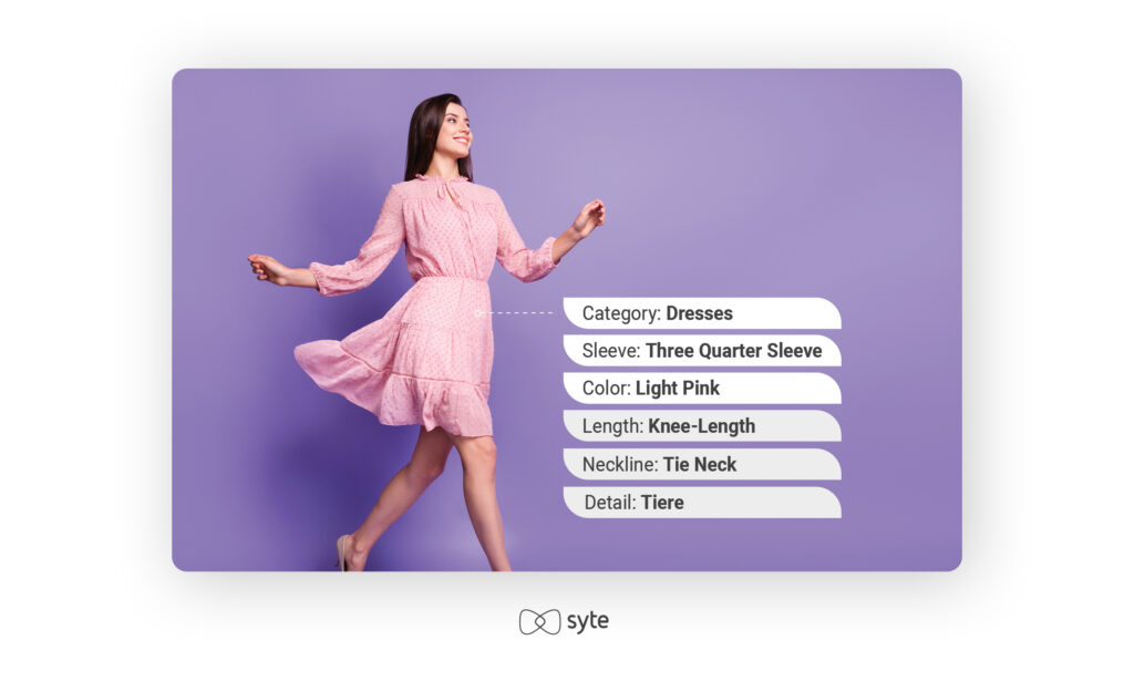 AI tags next to woman in dress on isolated background