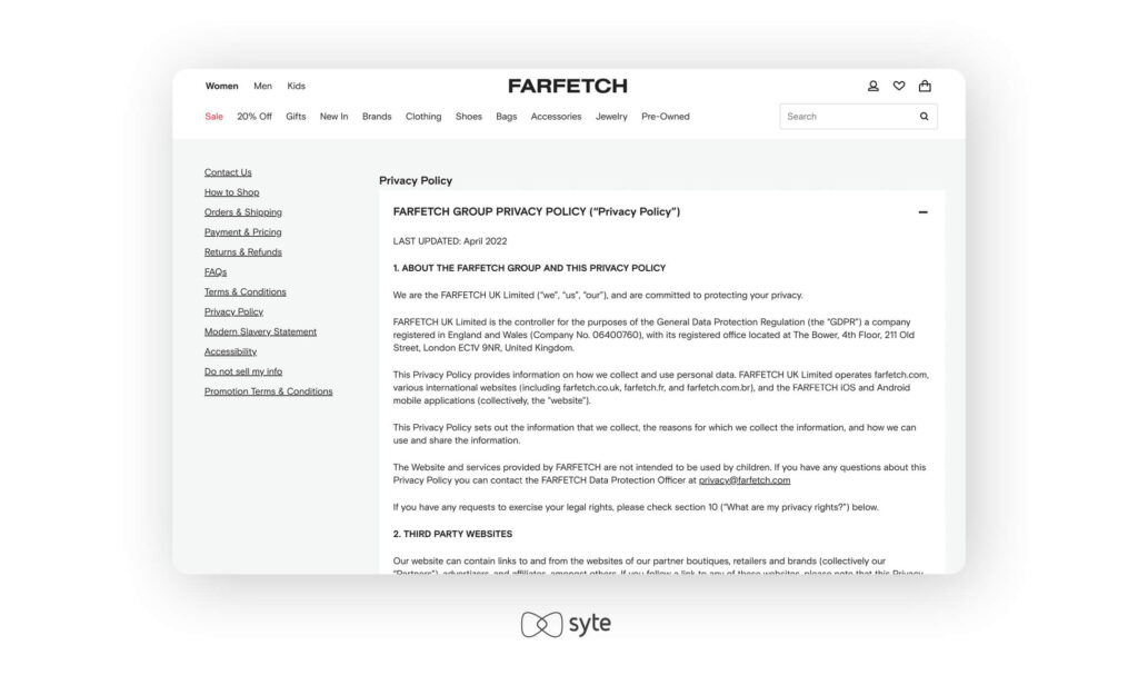 Farfetch's GDPR/privacy policy.