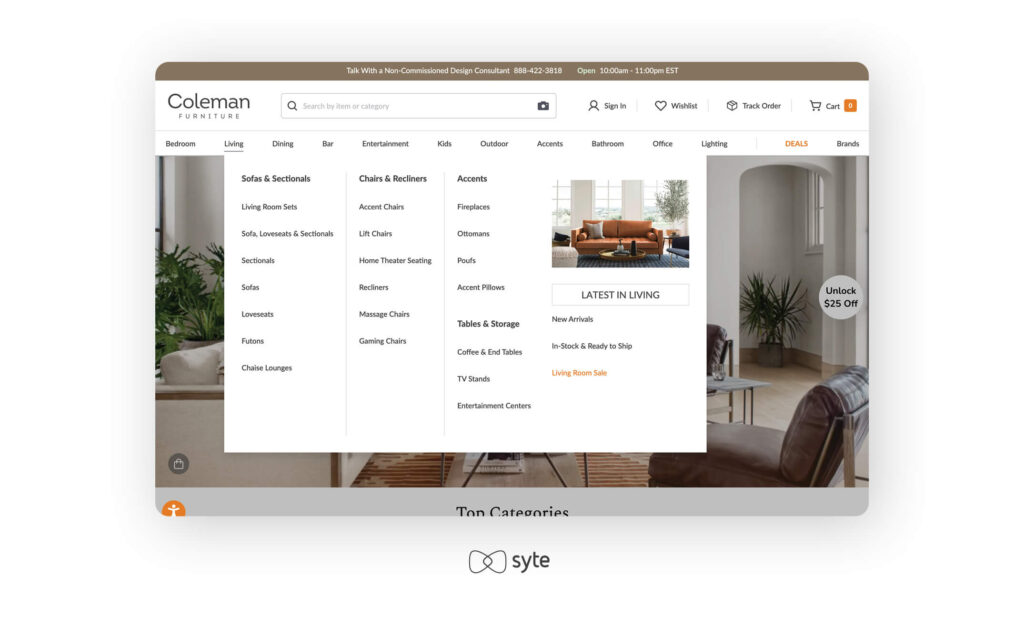 Navigation menu on Coleman Furniture.
