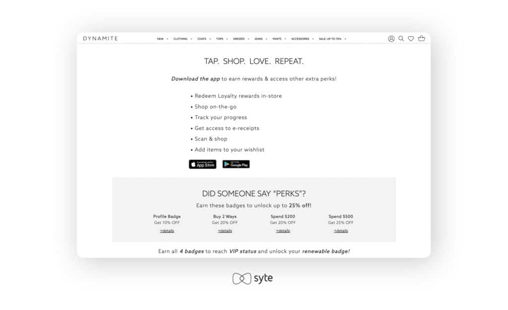 Dynamite website screenshot of Loyalty Program benefits chart