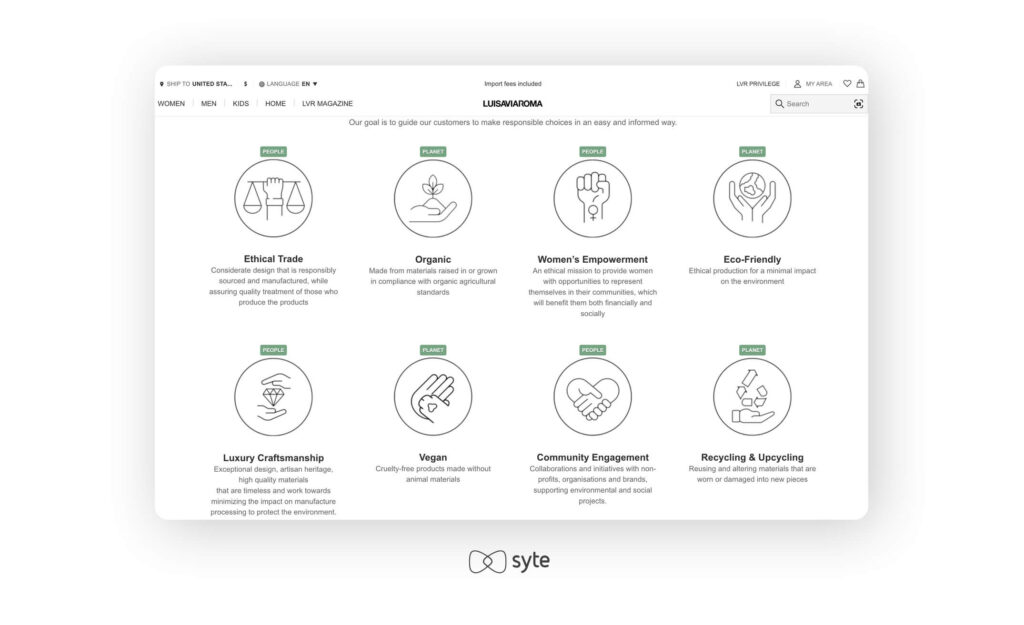 Luisaviaroma website screenshot of sustainability goals