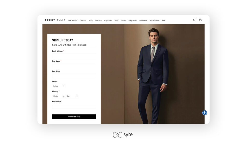 Perry Ellis newsletter sign-up box