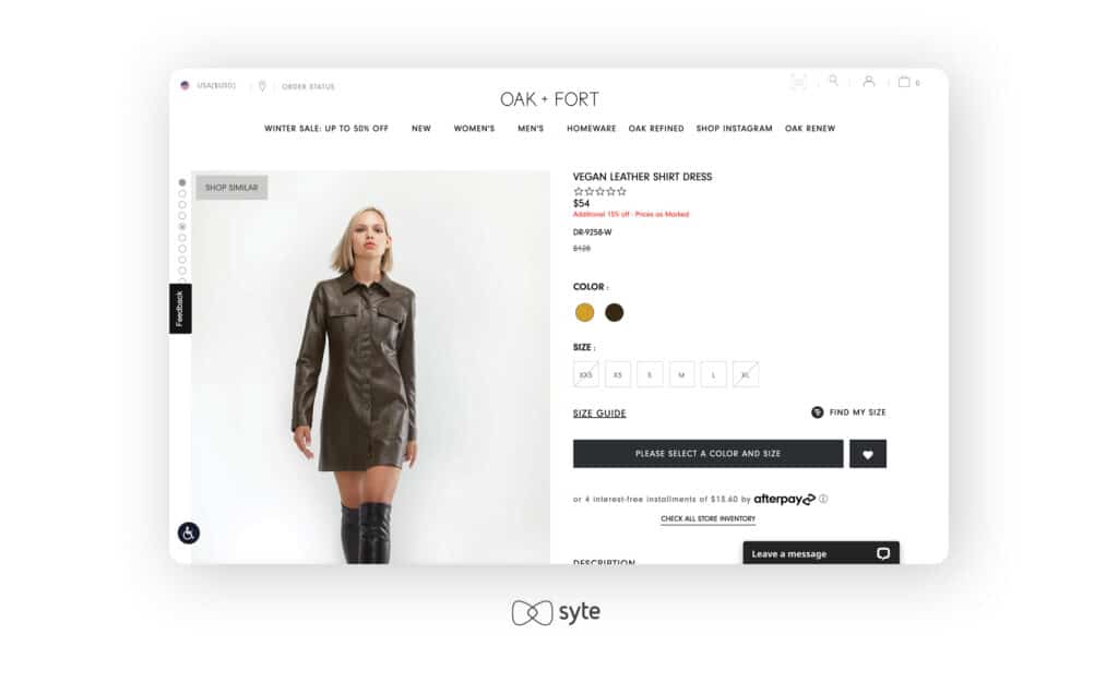 Vegan leather shirt dress tags on the Oak+Fort website.