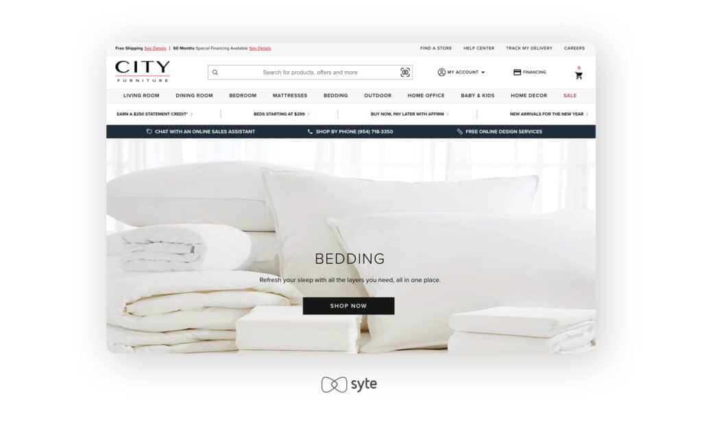 The bedding page the City Furniture eCommerce site.