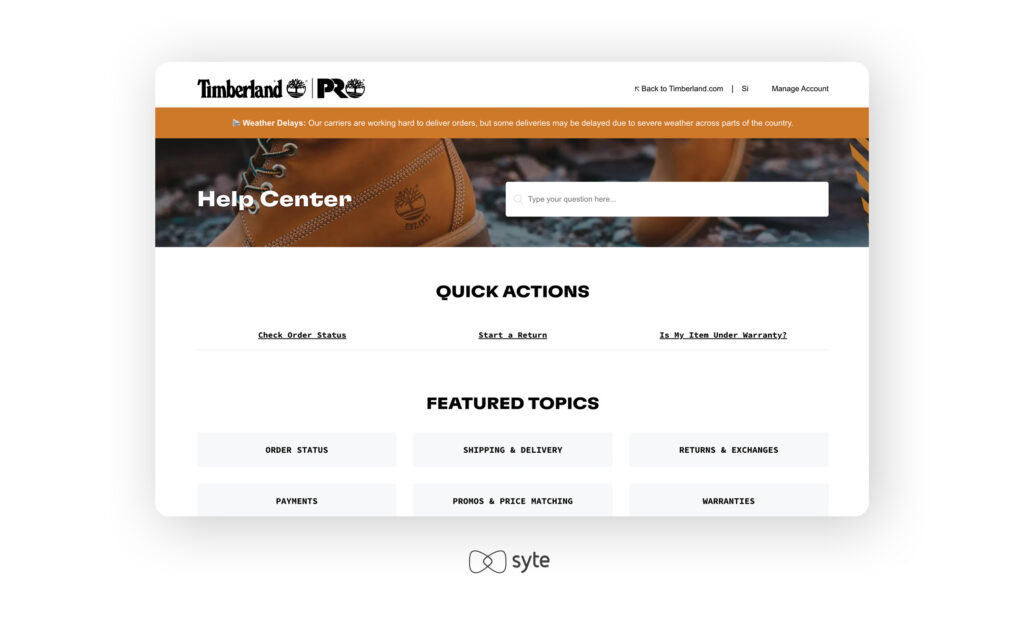 The help center on the Timberland website.