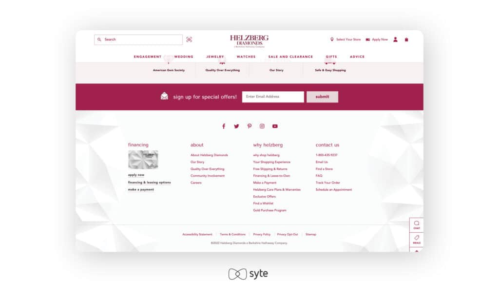 The Helzberg Diamonds website menu.