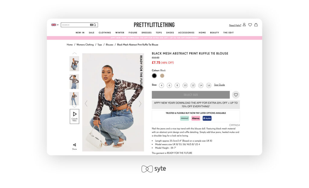 PrettyLittleThing product detail page.