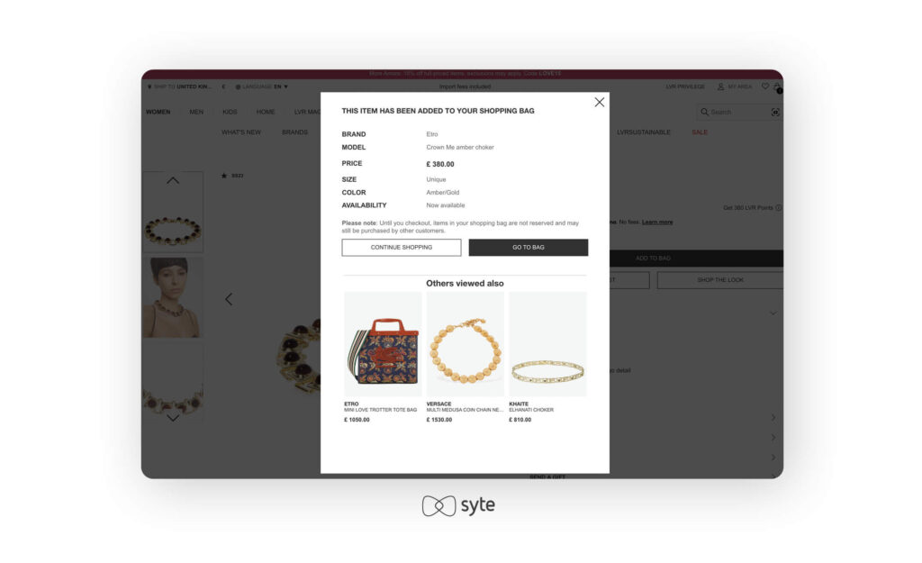 Recommendation carousel at the checkout page on Luisaviaroma.