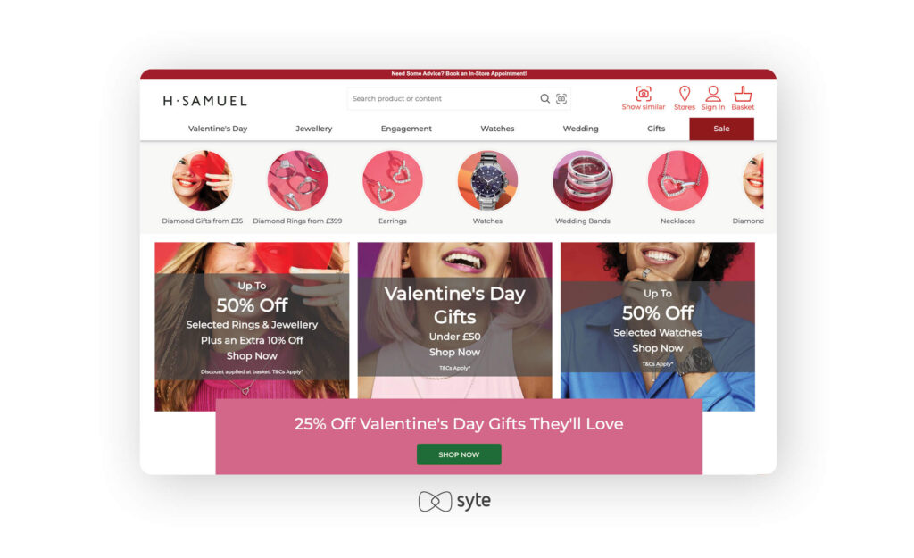 H. Samuel’s homepage with a Valentine's Day navigation menu.