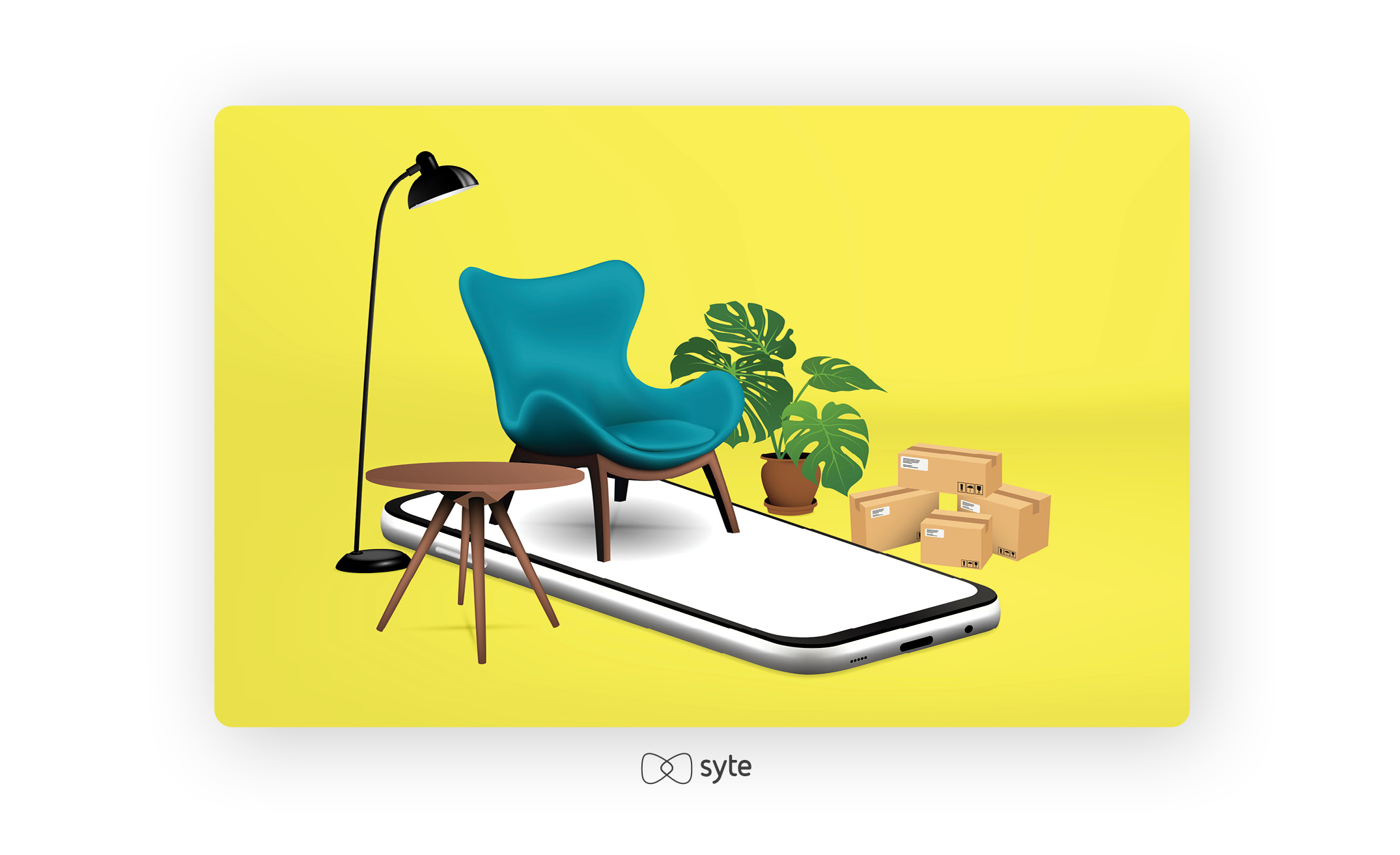 Home furnishings styled on top of a giant mobile phone against a yellow background 