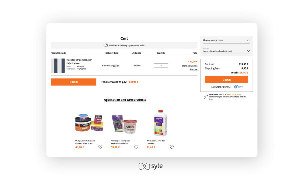 Shopping cart page on Etoffe showing product added to cart and complementary items.