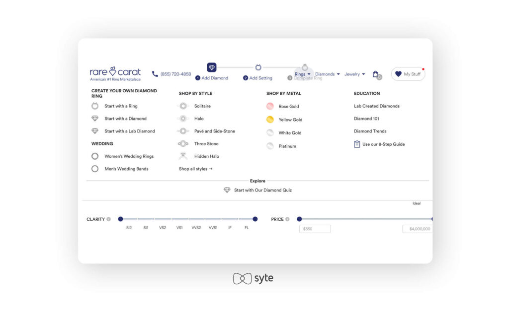 Rare Carat navigation categorizing rings according to style, metal type, and occasion.