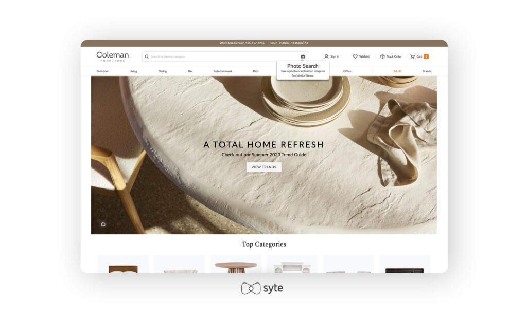 Coleman Furniture homepage with image search tool tip 