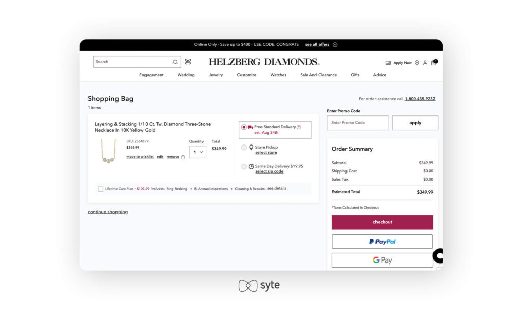 Helzberg Diamonds' checkout page 