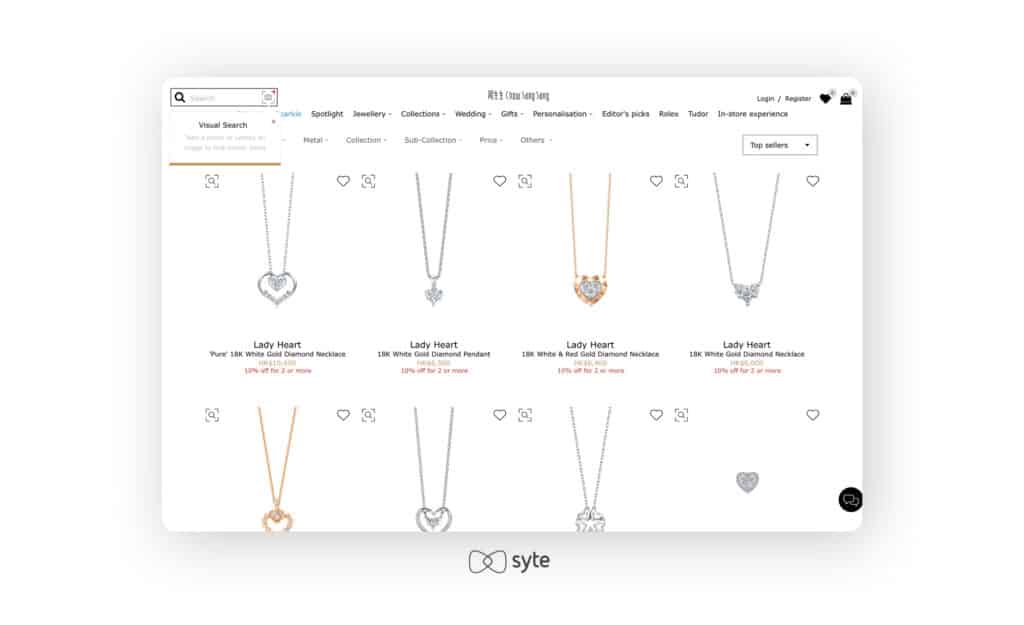 A collection of heart necklaces on the Chow Sang Sang website