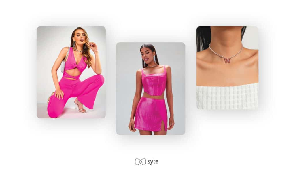 Popular outfits from the Barbie movie, including pink jumpsuits, pink matching sets, and pink jewelry. 