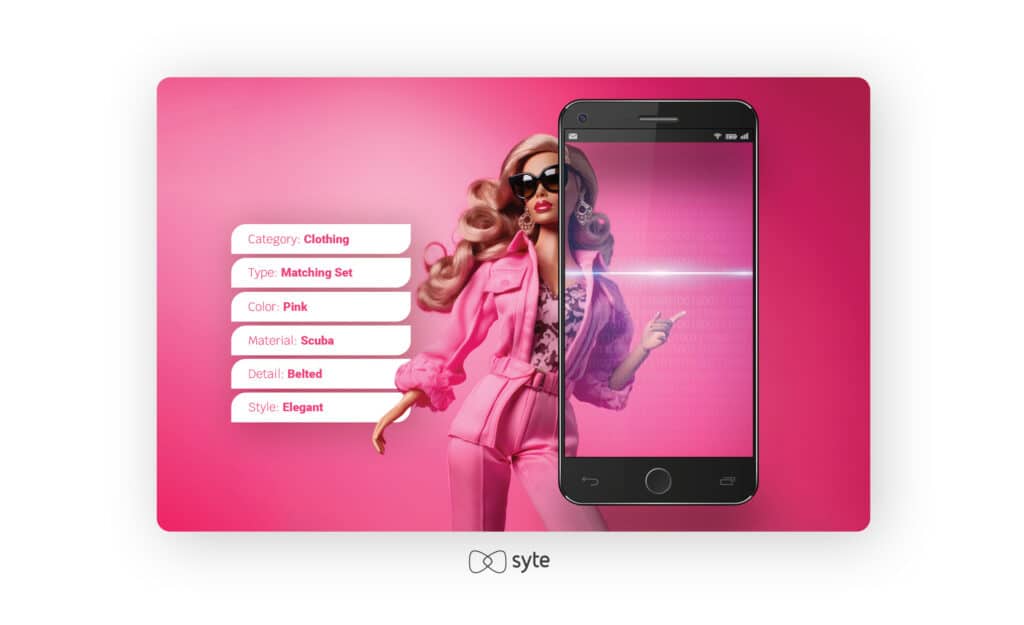 Barbie in a pink suit, with a phone scanning her outfit and producing product tags